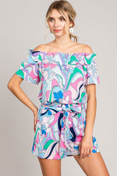 Cotton Bleu Abstract Print Tie Front Shorts with Adjustable Fit and Pockets